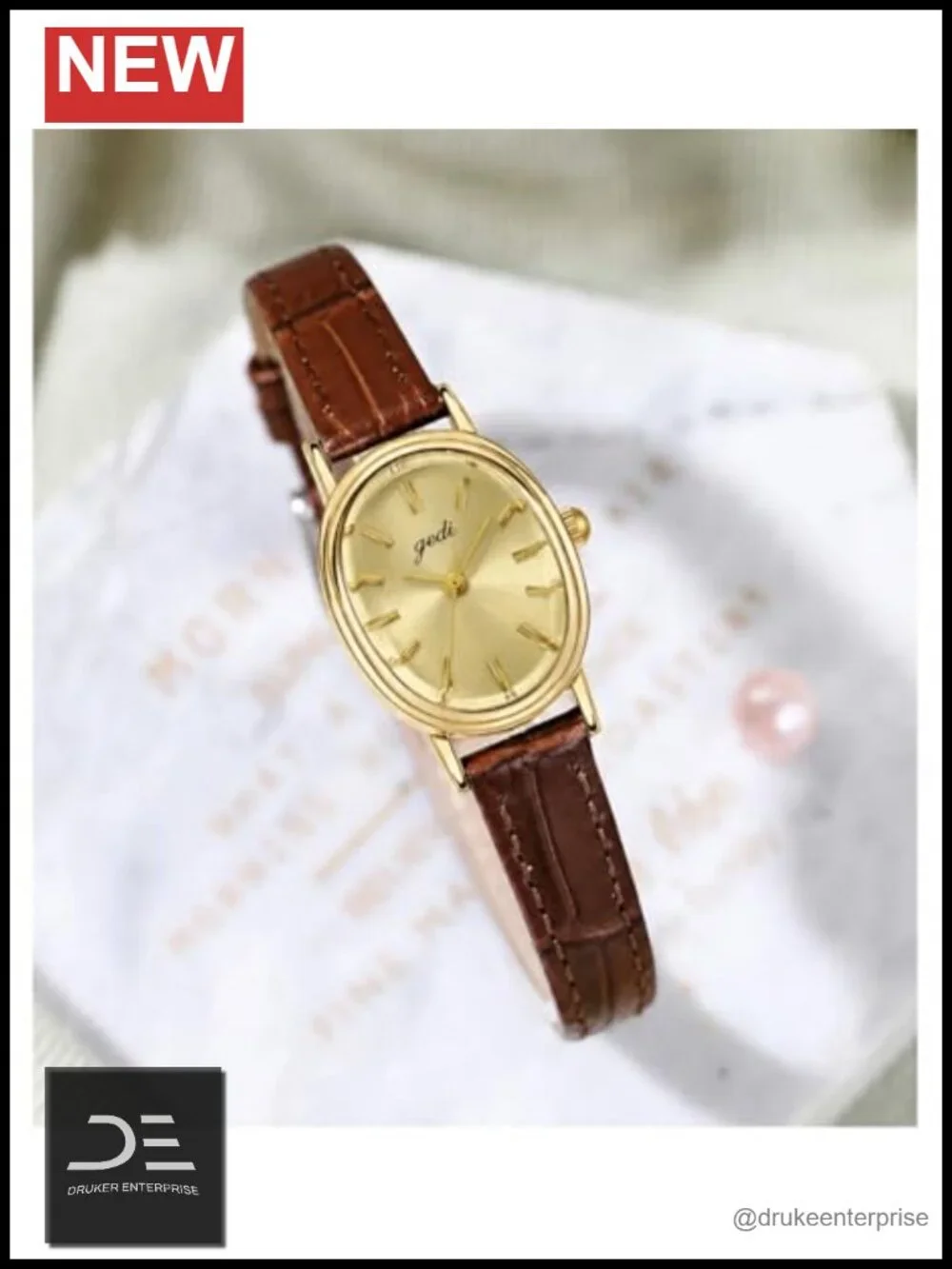 Elegant Oval Dial Quartz Watch with Leather Strap - Water Resistant